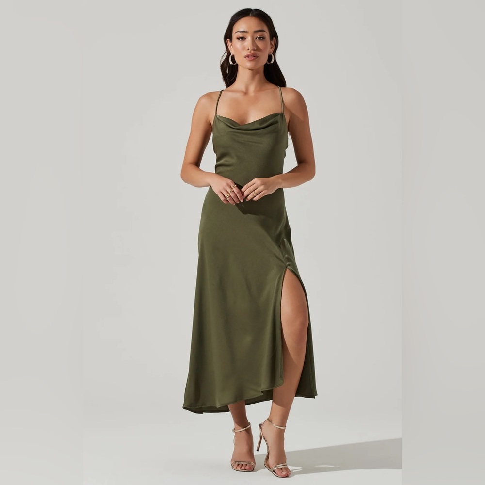 !Brand New! Gaia Midi Dress Sage Medium Green Cowl Neck Satin Slip Dress NWT